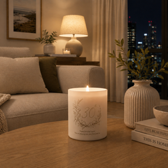 Personalised birthday candle with name and age engraving, cosy home setting, luxury gift idea