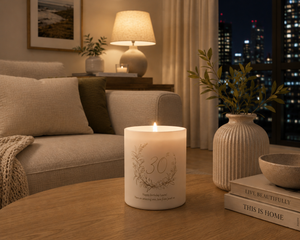 Personalised birthday candle with name and age engraving, cosy home setting, luxury gift idea