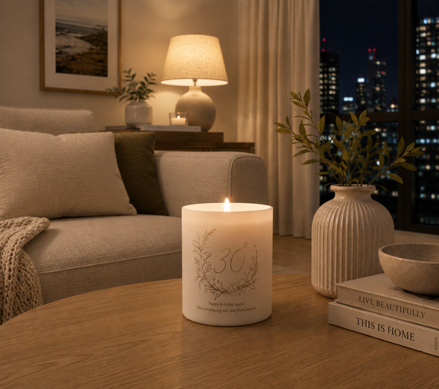 Personalised birthday candle with name and age engraving, cosy home setting, luxury gift idea