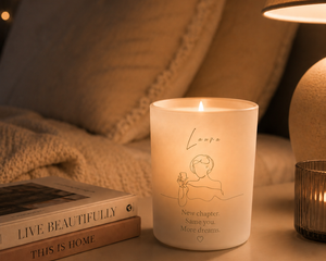 Luxury personalised candle with warm glow