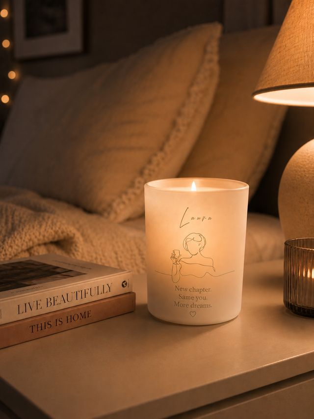 Luxury personalised candle with warm glow